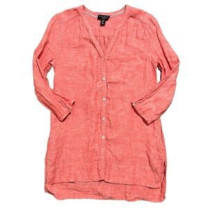 Willi Smith Tunic Top Womens Small 100% Linen Coral Blouse Button Front Boho